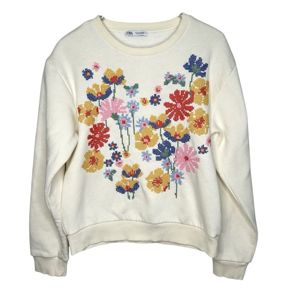 Zara Embroidered Floral Sweatshirt Small Granny Preppy Retro Old Money Heritage - Picture 1 of 9